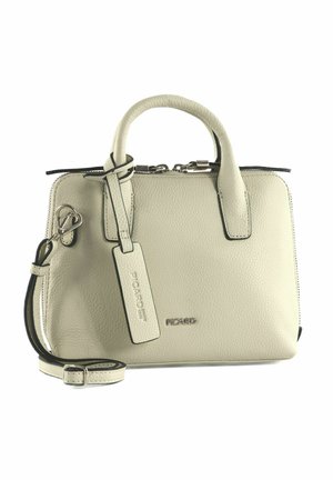 Petit sac à main en cuir crème avec doubles poignées, bandoulière amovible, fermeture éclair, et une étiquette de marque indiquant "Picard".