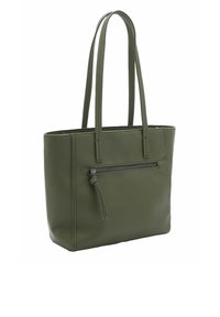 Sac fourre-tout vert olive en cuir texturé, comportant deux longues poignées et une poche zippée à l'avant avec un détail de frange.