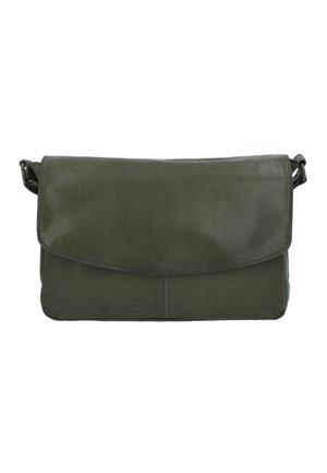 Olivengrøn læderclutch med en glat tekstur, fold-over klaffelåg og et minimalistisk design. Har en subtil struktur og ingen synlig hardware.
