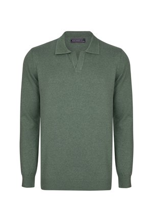 Groene trui van zacht gebreid materiaal, met een klassieke polo kraag, lange mouwen en een geribde zoom en manchetten.