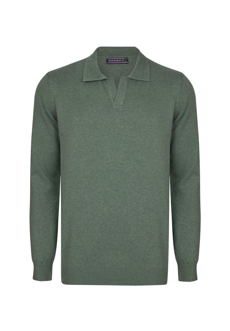 Groene trui van zacht gebreid materiaal, met een klassieke polo kraag, lange mouwen en een geribde zoom en manchetten.