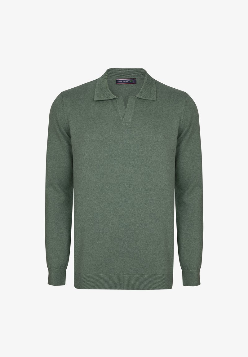 Roheline pullover-sviiter pehmest kudumisest, klassikalise polo krae, pikkade varrukate ja ribakudumisega hemmi ning varrukate äärtega.