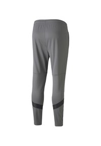 Graue Sporthosen aus leichtem, atmungsaktivem Material; enganliegendes Design mit schwarzen Mesh-Akzenten an den Unterschenkeln und einem dehnbaren Bund.