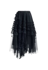 Gonna nera in tulle a strati con dettagli arricciati, dotata di un orlo asimmetrico e una vita elastica.