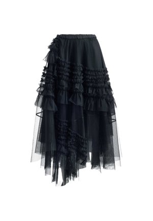 Schwarzer Rock aus geschichtetem Tüll mit Rüschendetails, featuring einem asymmetrischen Saum und einem elastischen Bund.