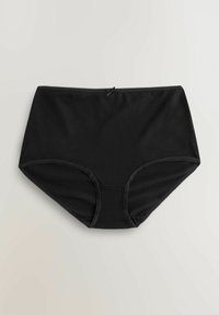 Svarta högmidjade trosor tillverkade av mjukt, stretchigt material. Har elastiska kanter och en liten rosett som accent vid midjebandet.