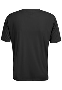 Sort kortærmet T-shirt med rund hals, lavet af glat stof, med et diskret logo på ryggen og en afslappet pasform.
