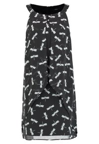 Svart ärmlös klänning med vitt djurmotiv av trollsländor och prickmönster. Har rund halsringning och en avslappnad passform med lagerdetaljer.