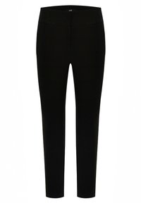 Zwarte broek met een gestroomlijnde uitstraling, vervaardigd uit een soepel stof. Voorzien van een middelhoge tailleband en twee frontzakken.
