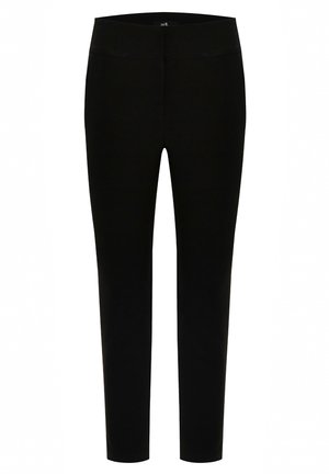 Zwarte broek met een gestroomlijnde uitstraling, vervaardigd uit een soepel stof. Voorzien van een middelhoge tailleband en twee frontzakken.