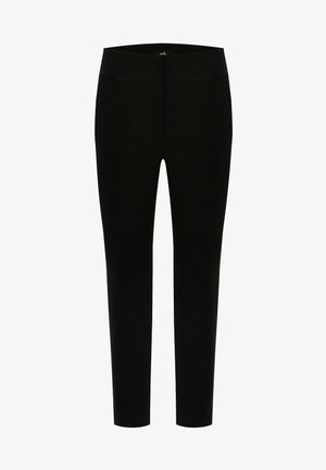 Pantaloni neri con un design snello, realizzati in un tessuto liscio. Presentano una vita di altezza media e due tasche frontali.