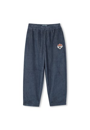 Donkerblauwe corduroy broek met elastische tailleband en een klein geborduurd cartoon tijger patch op de rechterdij.