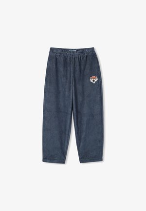Pantalon en velours côtelé bleu foncé avec taille élastique et petit patch brodé de tigre en cartoon sur la cuisse droite.