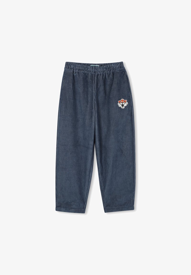 Pantalon en velours côtelé bleu foncé avec taille élastique et petit patch brodé de tigre en cartoon sur la cuisse droite.