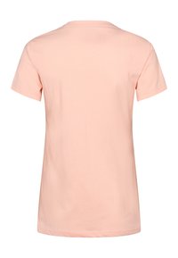 Ükslilla hele roosad lühikeste varrukatega T-särk, nähtav tagantpoolt, ümar kaelus ja lihtsate õmbluse detailidega.