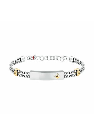Bracciale in argento con doppia catena, chiusura regolabile, dettaglio a stella d’oro e due anelli dorati ai lati della piastra centrale.