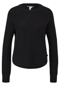 Pull en tricot noir à manches longues avec col rond et motif gaufré texturé, taille petite, ourlet légèrement arrondi.