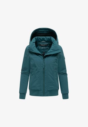Turkooisblauwe jas met ritssluiting, capuchon, hoge kraag, geribde boorden en zoom, twee zijzakken en merkmateriaal binnenin de kraag.