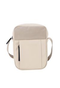 Borsa a tracolla beige realizzata in materiale sintetico liscio con un pannello superiore testurizzato, tasca frontale e tracolla regolabile. Presenta il logo JOOP!