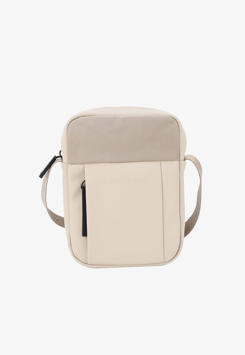 Borsa a tracolla beige realizzata in materiale sintetico liscio con un pannello superiore testurizzato, tasca frontale e tracolla regolabile. Presenta il logo JOOP!