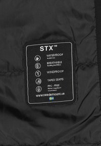 Czarna wodoodporna kurtka z metką zawierającą branding STX™, z informacjami o wodoodporności, oddychalności, cechach wiatroszczelnych oraz leczeniu bez PFC.