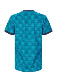 Kortärmad T-shirt i blått med ett texturerat mönster av vertikala linjer. Marinblå accentfärger på ärmar och krage. Lättviktsmaterial.