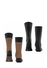 Drei Paare Socken: zwei einfarbige dunkelgraue, eine mit einem geometrischen Muster in dunkelgrau und orange, mit gerippten Bündchen und verstärktem Fersenbereich.