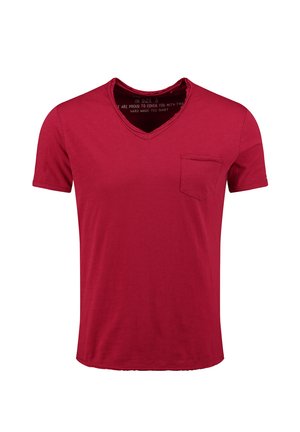 Red short-sleeve V-neck T-shirt with a small chest pocket on the left side, displayed on a white background.