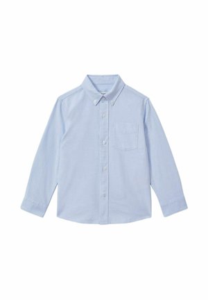 Hellblaues Langarmhemd mit Button-Down-Kragen, vorderem Knopfverschluss und einer einzigen Brusttasche. Hergestellt aus einem glatten Stoff.