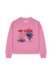 Roze sweatshirt met een grafisch ontwerp met de tekst "BE YOURSELF" en twee donkere rozenillustraties. Geribbelde manchetten en zoom.