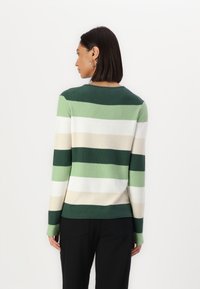Gestreepte gebreide trui met groene, crème en beige horizontale banden; ronde halslijn; lange mouwen; zachte textuur; slim fit ontwerp.