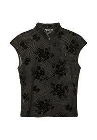 Schwarze Kurzarmbluse mit mandarin Kragen und floralen Motiven. Der strukturierte Stoff zeigt erhabene schwarze Blumenmuster, die mit Knöpfen auf einer Seite akzentuiert sind.