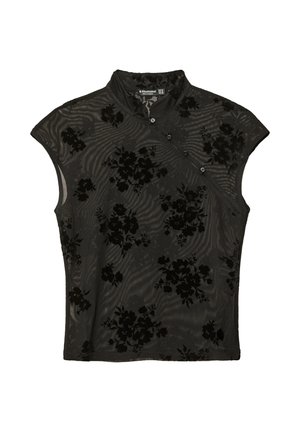 Zwart bloemen overhemd met korte mouwen en een mandarin kraag. De gestructureerde stof heeft verhoogde zwarte bloemenpatronen, verfraaid met knopen aan één zijde.