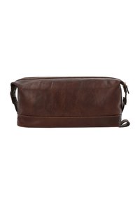 Brown leather toiletry bag with a rectangular shape, smooth texture, top zipper closure, and side handles for easy carry.