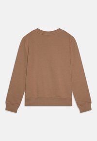 Felpa marrone con collo tondo, polsini e orlo a costine. Tessuto liscio, design semplice e colore uniforme senza motivi o dettagli.