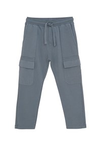 Grijze cargobroek met elastische tailleband, koord, zijzakken en klepzakken op elke dij, plat gelegd op een witte achtergrond.