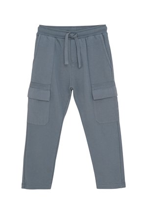 Grijze cargobroek met elastische tailleband, koord, zijzakken en klepzakken op elke dij, plat gelegd op een witte achtergrond.