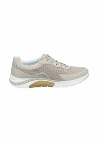 Beige sportieve schoenen met een bovenwerk van mesh, vetersluiting, gevoerde zool en een rubberen loopzool. Kenmerkend is een subtiele beige accentkleur bij de hiel.