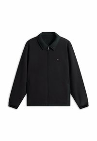 Black zip-up jacket with collar, long sleeves, two side pockets, and a small red, white, and blue rectangular logo on the chest.