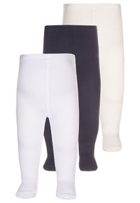 Set de trei perechi de colanți în alb, bleumarin închis și crem. Material moale, elastic, cu o textură netedă și vârfuri închise.