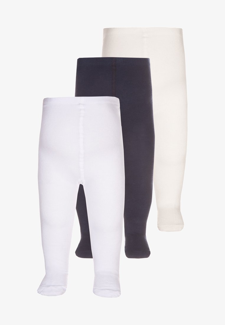Set of three pairs of tights in white, dark blue, and cream. Soft, stretch fabric with a smooth texture and closed toes.