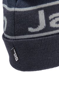 Knitted beanie in dark blue with light gray logo. Features a snug fit, ribbed texture, and a small brand tag on the side.