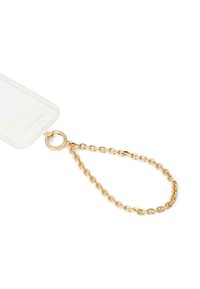 Custodia trasparente per telefono con una tracolla in oro. La catena presenta anelli ovali e un attacco circolare. Design minimalista con materiale trasparente.