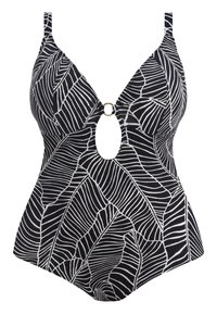 Černé plavky s bílým vzorem listů, hluboký výstřih do V, zlatý kroužek uprostřed, nastavitelné ramínka a hladká textura.