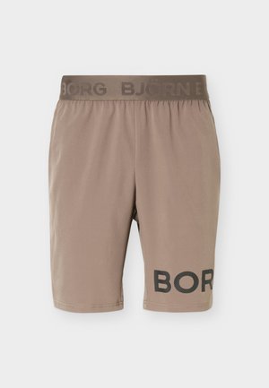 Shorts marron clair longueur genou avec taille élastique et logo partiel "BJORN BORG" imprimé sur la taille et la jambe inférieure gauche.
