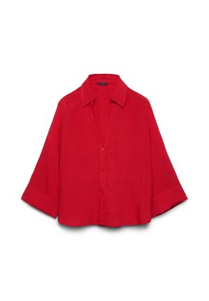Rote Bluse zum Knöpfen mit weiten Ärmeln und Kragen, lockere Passform, auf weißem Hintergrund dargestellt.