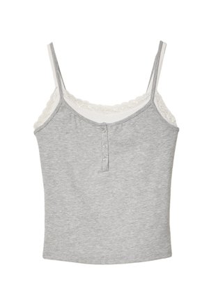 Hellgrau Damen Tanktop mit dünnen Trägern, weißer Spitze am Ausschnitt und drei kleinen Knöpfen in der Mitte vorne.