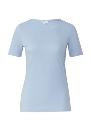 Hellblaues T-Shirt mit kurzen Ärmeln aus glattem Stoff, mit rundem Halsauschnitt und klassischer Passform, ohne Muster oder Akzente.