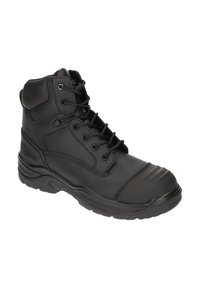 Black leather ankle boot with six eyelets, reinforced toe cap, padded collar, and textured rubber sole. Features logo on the side.