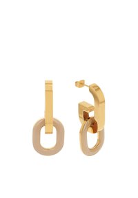 Guldtonade hängande örhängen med en rektangulär design och en sammankopplad oval länk. Slät yta med en minimalistisk estetik.